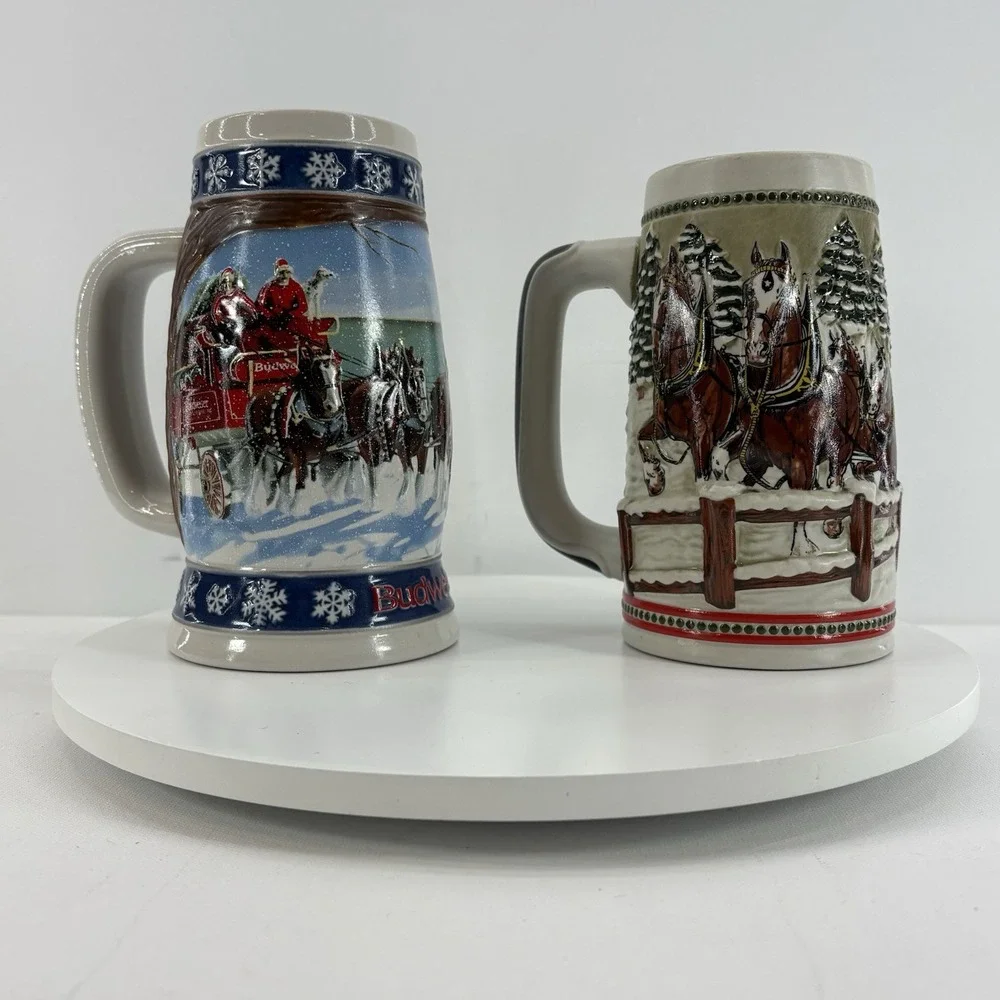 Budweiser Clydesdales Holiday Collectible Beer Stein Lot Of 2‎ Handcrafted